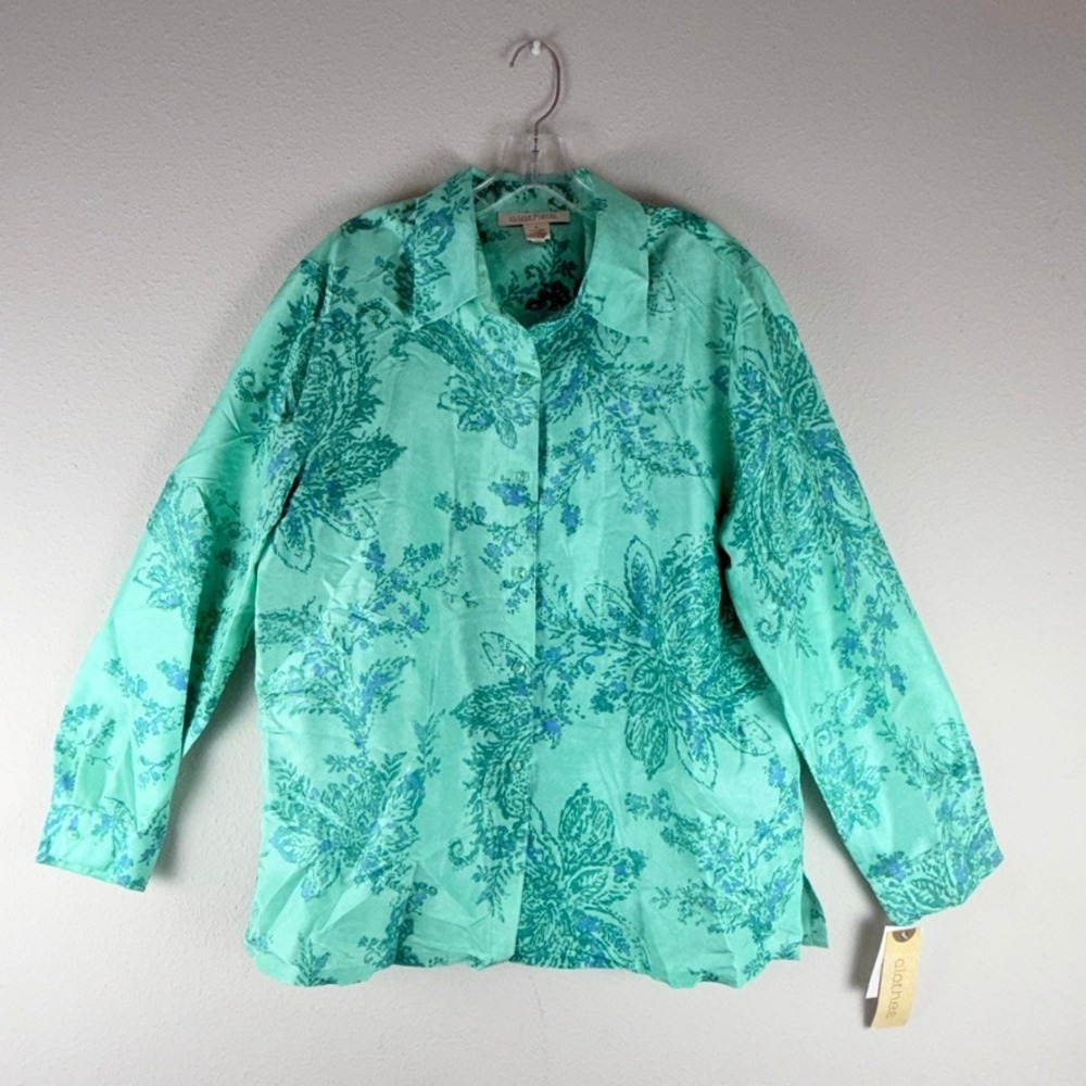 clothes 100% Silk Paisley Shirt XL Green Floral Boho Coastal Grannycore